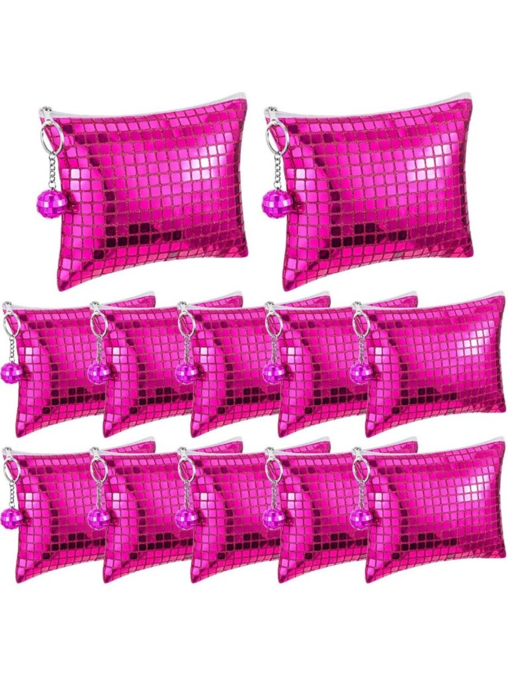 12 Pack 70s Disco Sequin Makeup Bags with Ball Keychain - Rose Red Glam